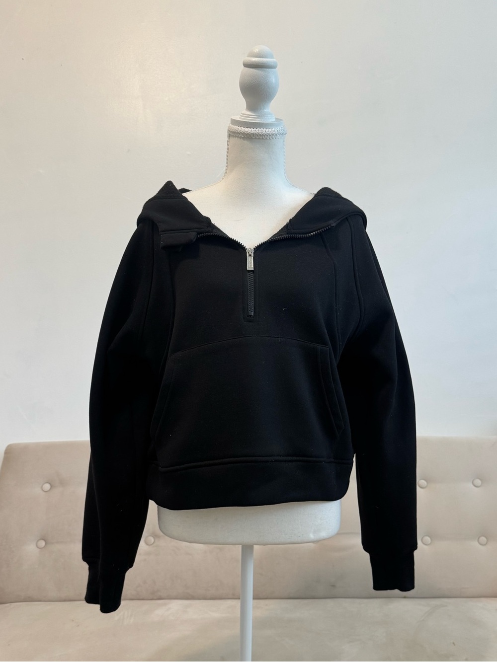 Black Half-Zip Hooded Crewneck Pullover Sweater